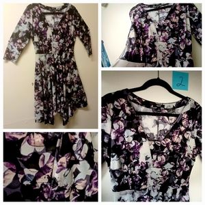 Maxi Dress with handkerchief hem, purple butterflies, 3/4 sleeves, NWOT, M